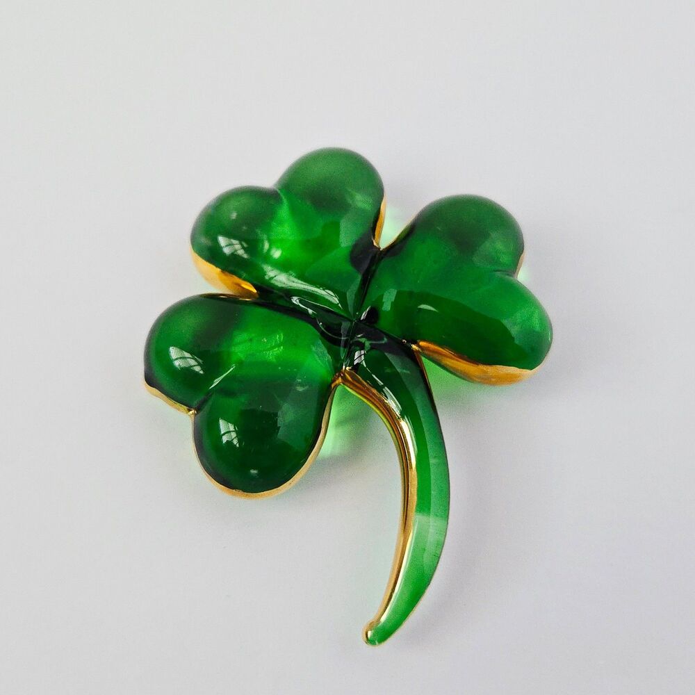 Green Irish Clover Shamrock Art Glass Paperweight 3" Office Decor Desk Ornament